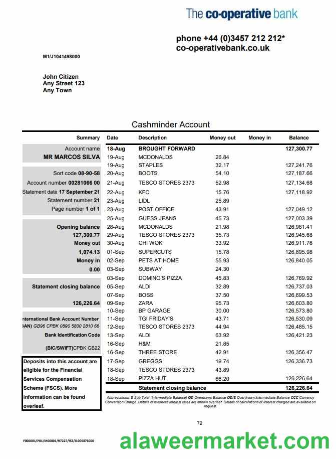 United Kingdom The Co-operative bank statement in Excel and PDF format